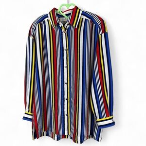 Blue, red, yellow, and white striped vintage button-up blouse
